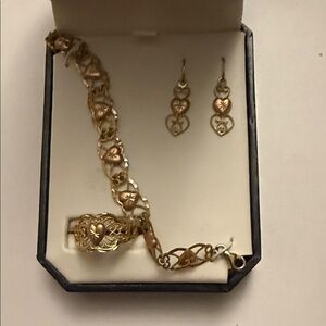 10 kt Gold and Silver Heart Jewelry Set   bracelet with ring and earrings